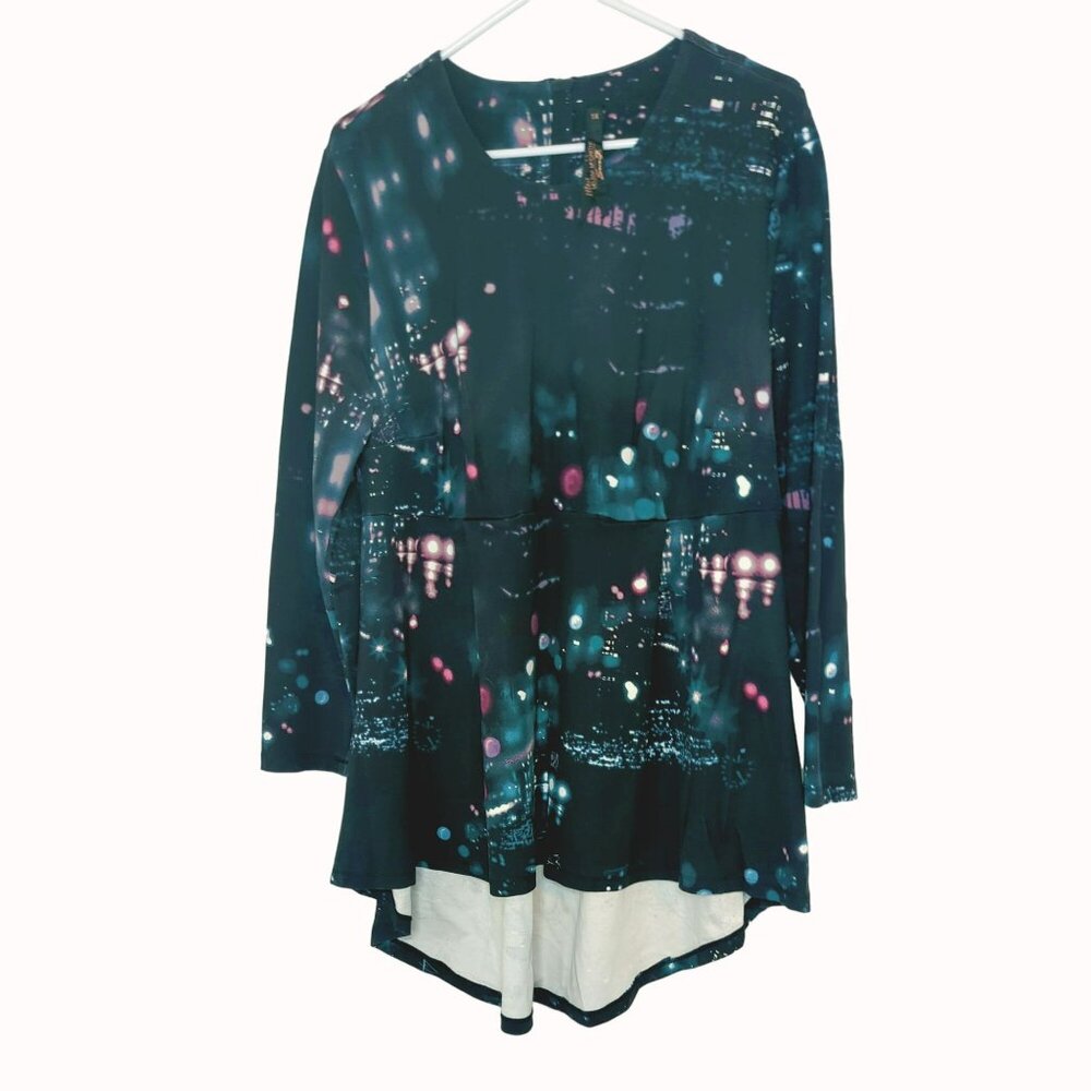 Melissa McCarthy Seven7 Womens 1X Black City Lights Abstract Print Tunic Top